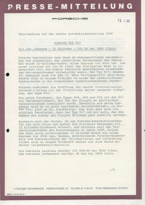 Porsche 917 Pressemitteilung 3.1969