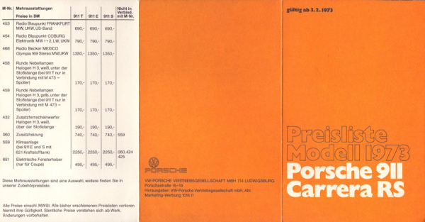 Porsche 911 Carrera RS Preisliste 2.1973