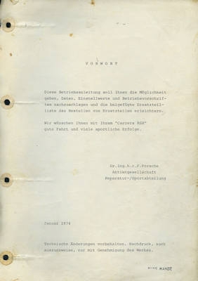 Porsche 911 Carrera RSR Bedienungsanleitung 1974