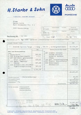 Porsche 911 Carrera Targa Kaufvertrag 5.1976