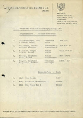 Weser-Ems Nachorientierungsfahrt Ausschreibung und Ergebnislisten 14./ 15.10.1967
