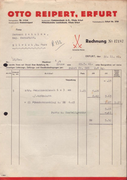 Otto Reipert Erfurt Rechnung 1941