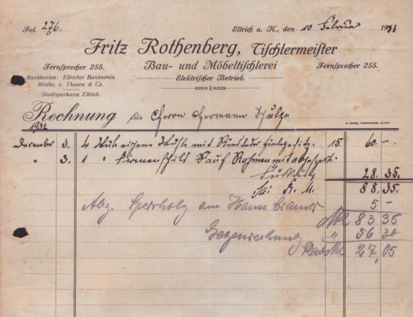 Fritz Rothenberg Tischlermeister Ellrich Rechnung 1933