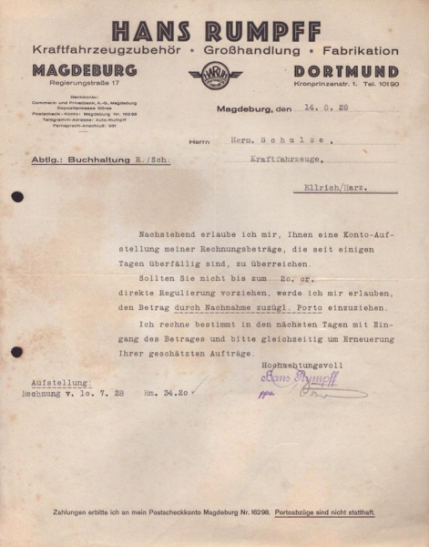 Hans Rumpff Magdeburg Schreiben 1928