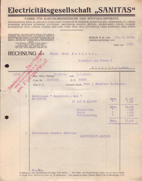 Electricitätsgesellschaft Sanitas Berlin Rechnung 1929