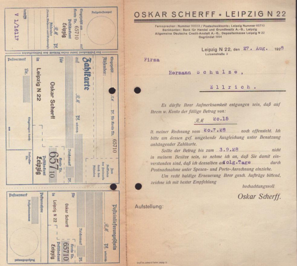 Oskar Scherff Leipzig Schreiben 1928