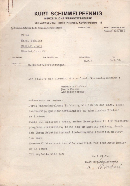 Kurt Schimmelpfennig Berlin Schreiben 1939