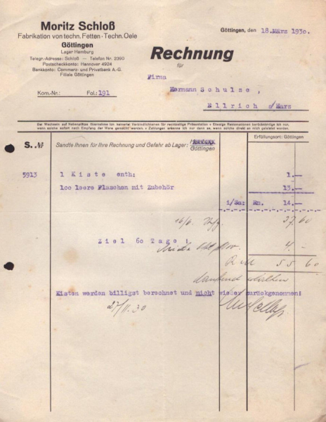 Moritz Schloß Göttingen Rechnung 1930