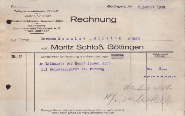 Moritz Schloß Göttingen Rechnung 1930 / 1934
