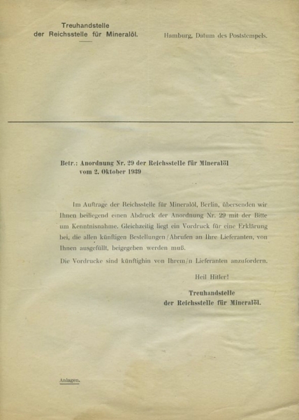 Treuhand der Reichsstelle für Mineralöl Schreiben 10.1939