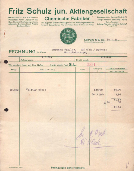 Fritz Schulz jun. AG Leipzig Rechnung 1930