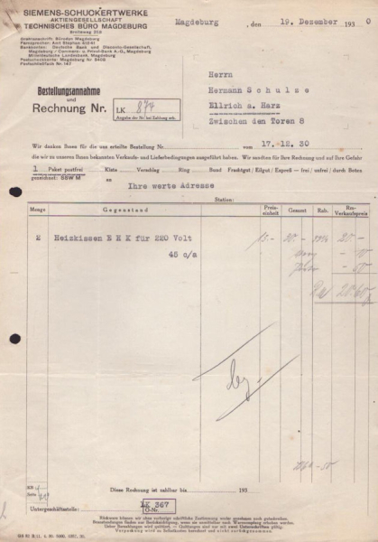 Siemens Schuckert Werke Rechnung 1928 / 1932