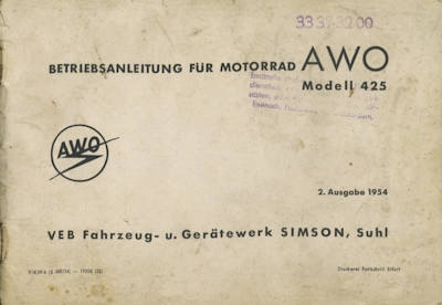 Simson AWO 425 owner`s manual 1954