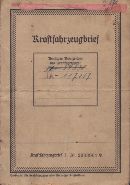 Standard 196 ccm Lastwagen Original Fahrzeugbrief 1937