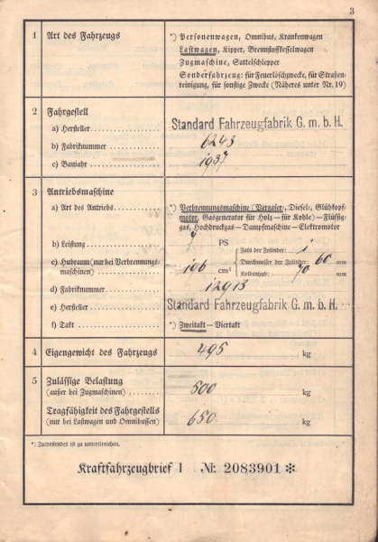 Standard 196 ccm Lastwagen Original Fahrzeugbrief 1937