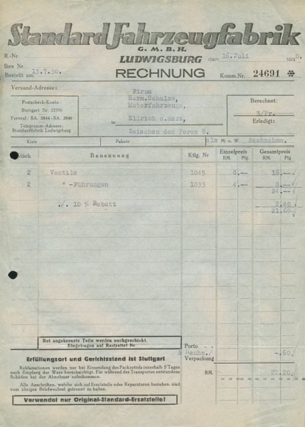 Standard Rechnung von 1930