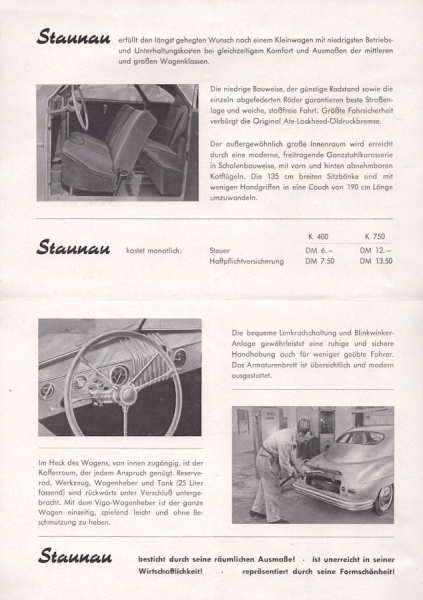 Staunau Kleinwagen K 400 / 750 Prospekt 1950er Jahre