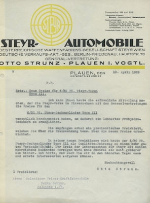 Steyr / Otto Strunz, Plauen Brief 1929