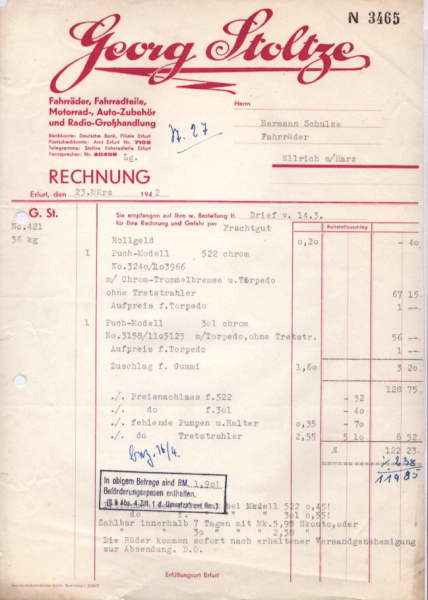Georg Stolze Erfurt Rechnung 1942