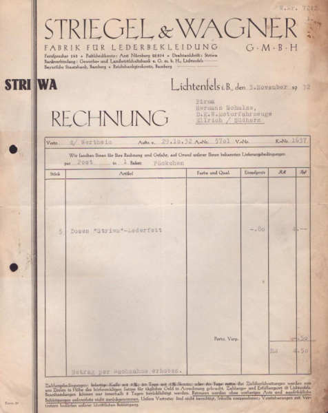 Striegel & Wagner Lichtenfels Rechnung 1932