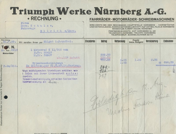 Triumph Werke, Nürnberg Motorrad K 11 Rechnung 1929