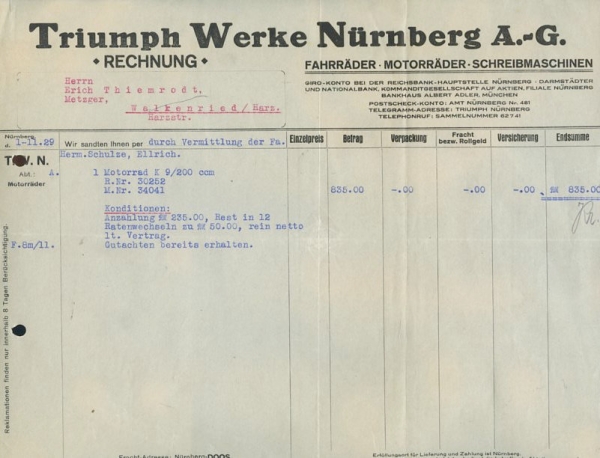 Triumph Werke, Nürnberg Motorrad K 9 Rechnung 1929
