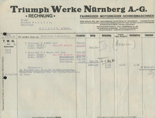 Triumph Werke, Nürnberg Motorrad K 9 Rechnung 1930