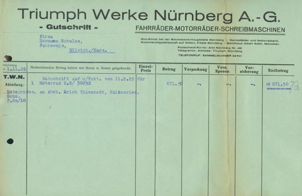 Triumph Werke, Nürnberg Gutschrift 1929/30