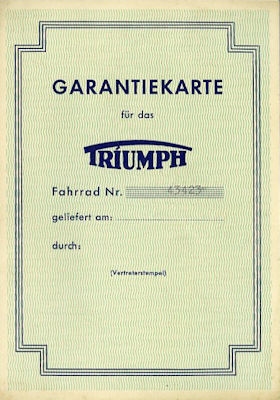 Triumph bicycle warranty card 8.1955