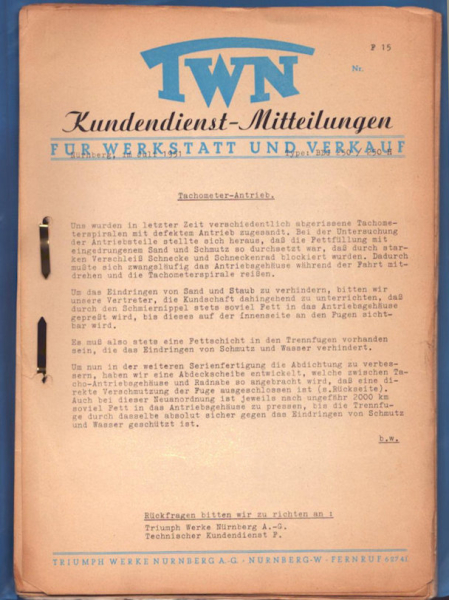 Triumph TWN Kundendienst Mitteilungen 1951-1956