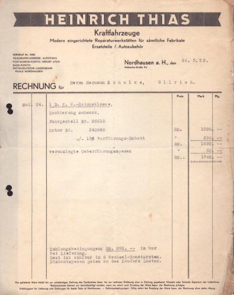 Heinrich Thias Kraftfahrzeuge Nordhausen Rechnung 5.1933