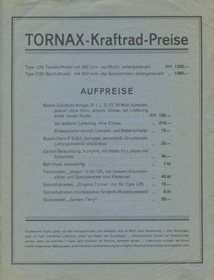 Tornax Preisliste 1929