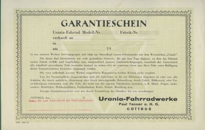 Urania Fahrrad Garantieschein 1928