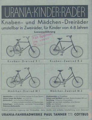 Urania children's bikes brochure ca. 1930