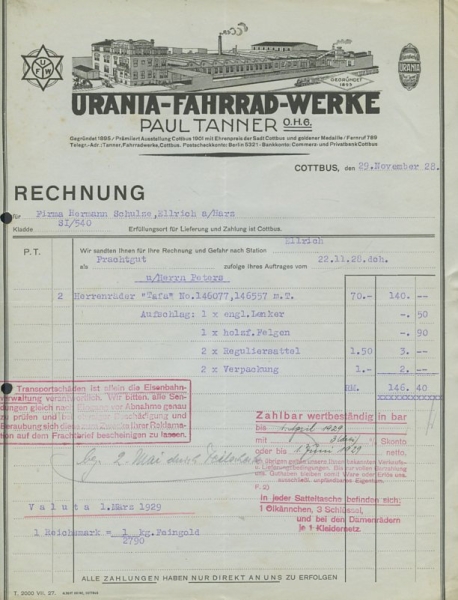Urania Fahrrad Rechnung von 1928-30