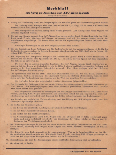 VW KdF-Wagen Merkblatt zum Antrag der Sparkarte 1930er Jahre