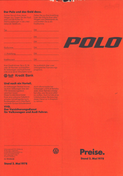 VW Polo 1 Preisliste 5.1978