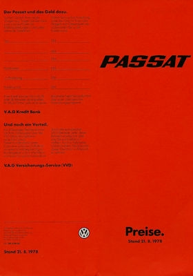 VW Passat Preisliste 8.1978