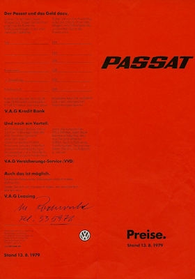 VW Passat Preisliste 8.1979