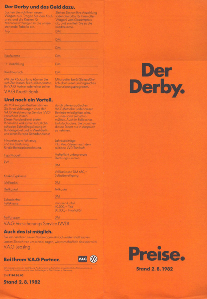 VW Derby 2 Preisliste 8.1982