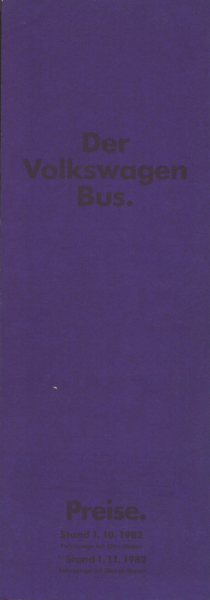 VW T 3 Bus Preisliste 10.1982