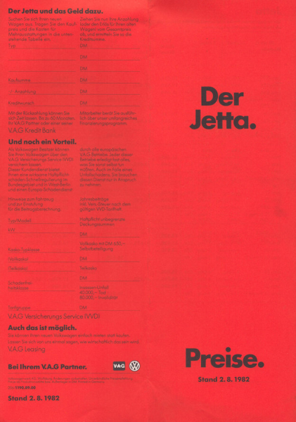 VW Jetta Preisliste 8.1982