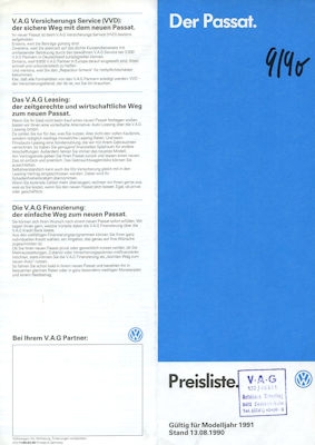 VW Passat B 3 Preisliste 8.1990