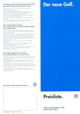 VW Golf 3 Preisliste 3.1992