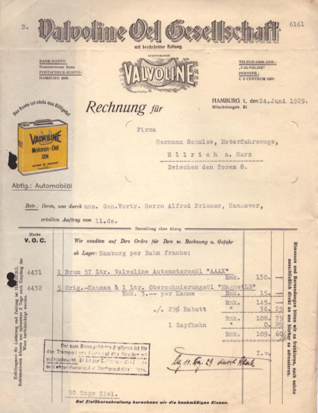 Valvoline Oel Gesellschaft Hamburg Rechnung 5.1929