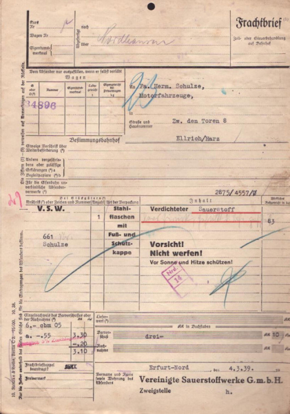 Vereinigte Sauerstoffwerke Berlin / Erfurt Frachtbrief 1939