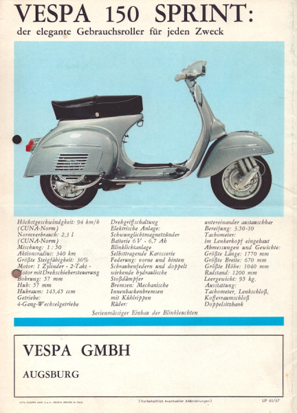 Vespa 150 Sprint Roller Prospekt 1967