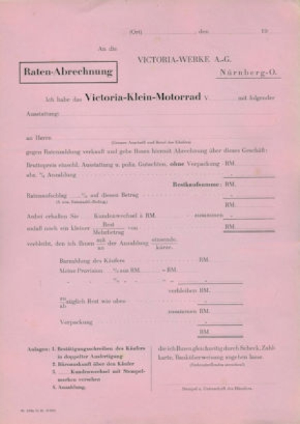 Victoria Kleinmotorrad Ratenabrechnung 1931