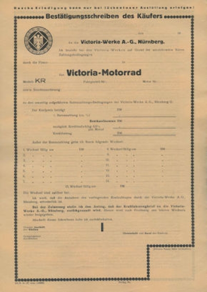 Victoria Bestätigungsschreiben Ratenzahlung 11.1937