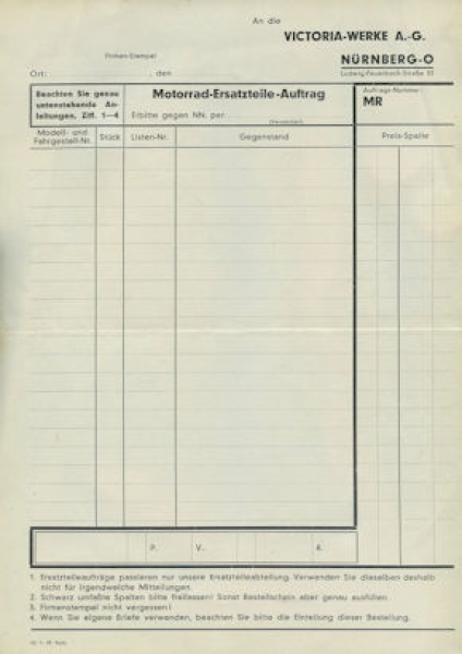 Victoria Ersatzteil-Auftrag 1.1939